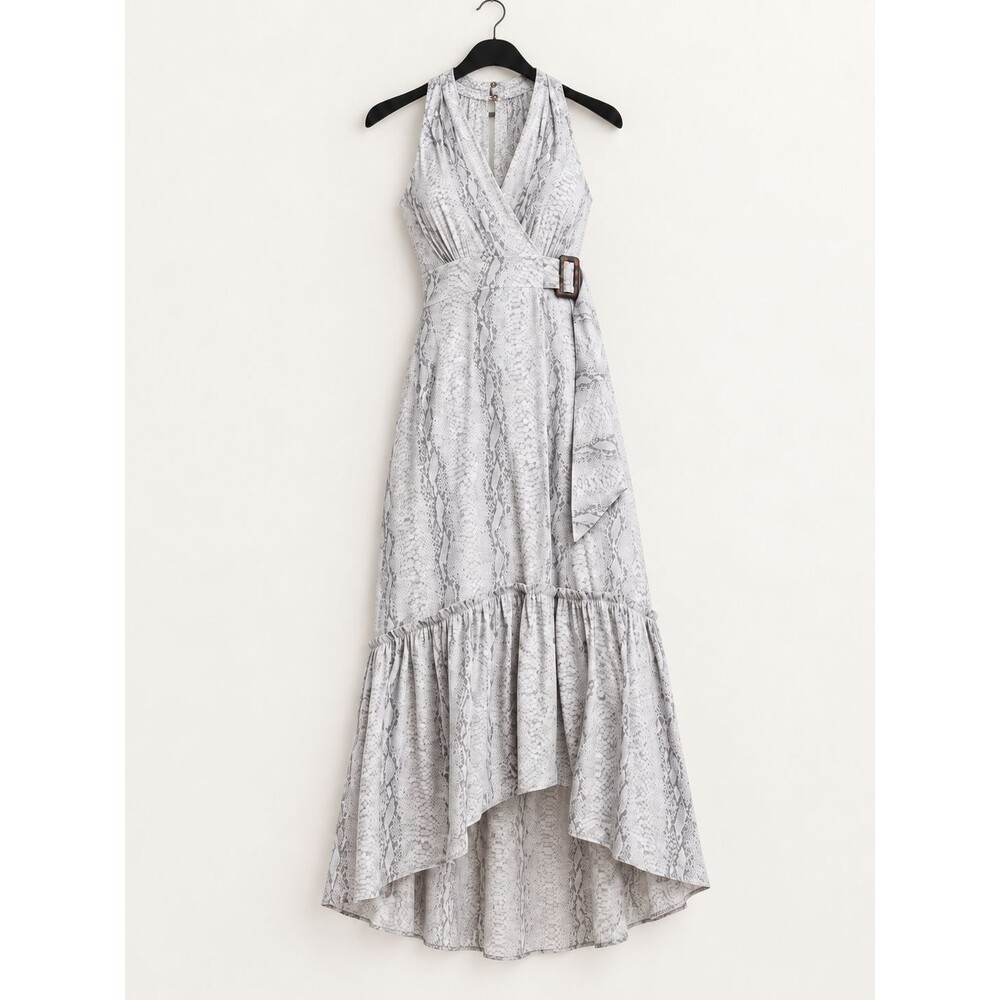 Anthropologie Marfa Women 4S Gray Snakeskin V Neck Belted Faux Wrap Maxi Dress